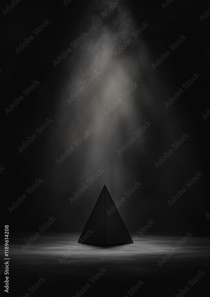 Poster black and white photograph of a pyramid in the center of a dark room. the pyramid is made up of thre
