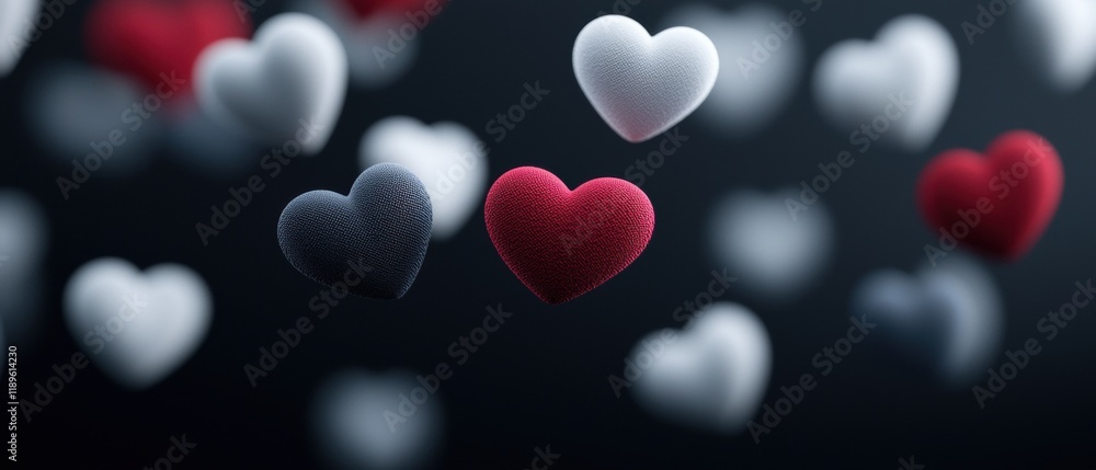Aufkleber close-up of a group of small, red and white hearts floating in the air. the hearts are of different 