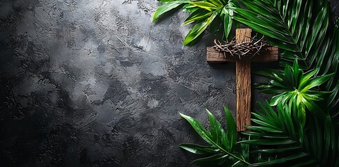 Good Friday imageryA light background features a crown of thorns, wooden cross, nails, and a mallet, with room for text