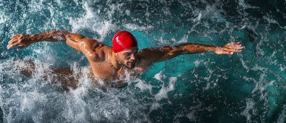 Aerial perspective of a fit young male swimmer wearing a red cap, demonstrating strength and agility while training in an indoor pool, embodying the essence of professional sports.