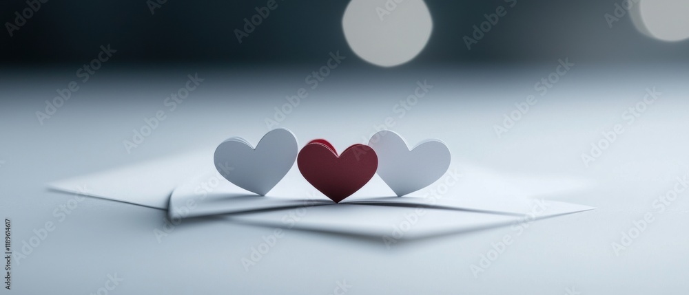 Poster close-up of three white paper hearts on a white surface. the hearts are arranged in a triangular for