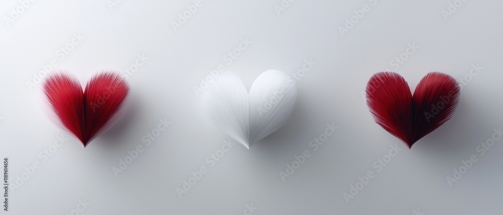Poster three red and white paper hearts on a plain white background. the hearts are arranged in a triangula