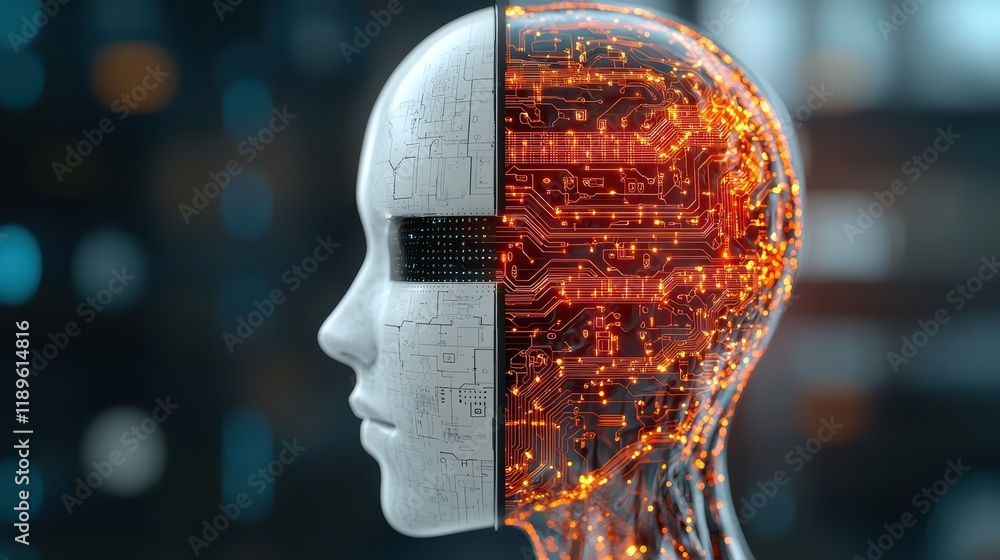 Poster futuristic cyborg head with circuitry and glowing neural network connections