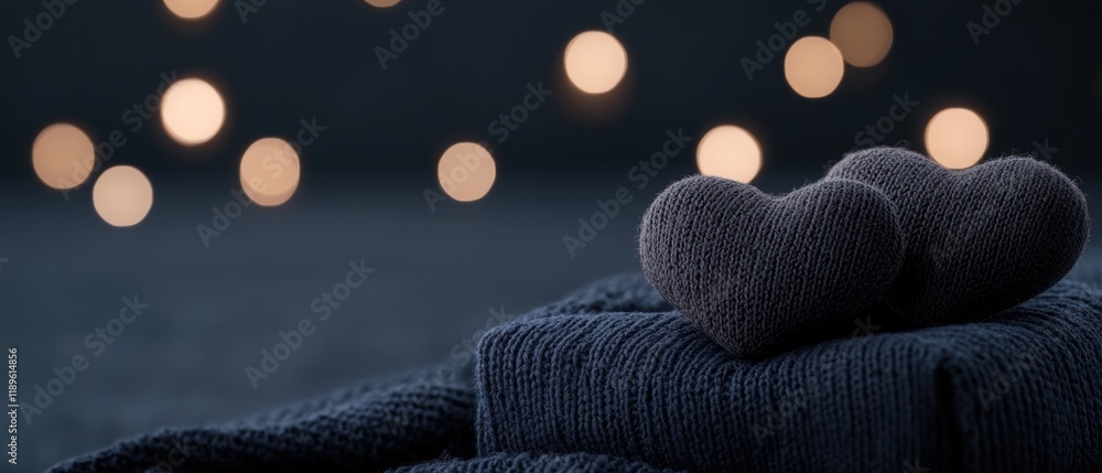 Poster close-up of a stack of dark blue knitted blankets with two heart-shaped objects on top.