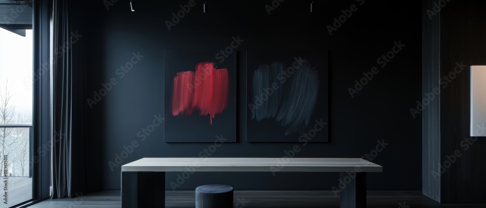 Poster modern and minimalist interior space with a large window on the left side. the window has a view of 