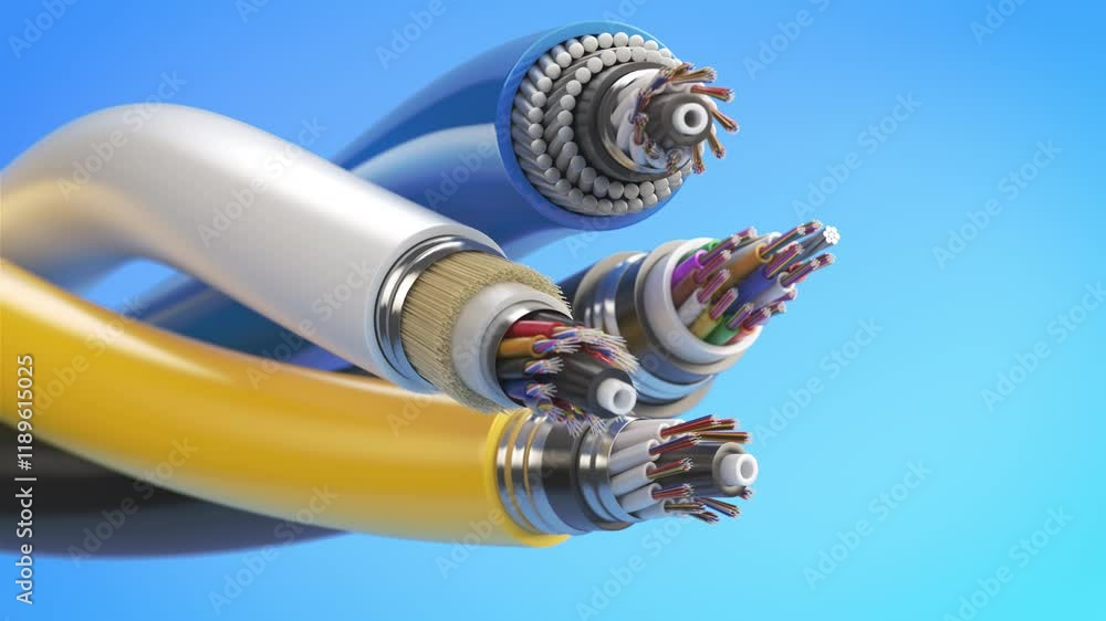 Poster fiber optical internet cable of various types. cross section layers structure of fiber cables.