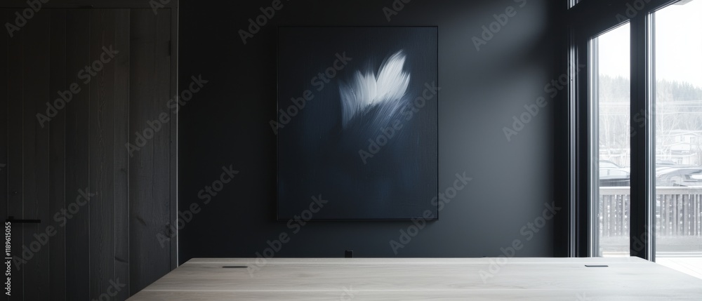 Poster modern room with dark grey walls and a large window on the right side. on the left side of the image