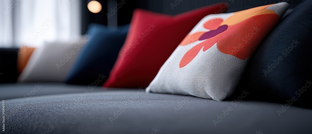 Poster close-up of a gray sofa with several colorful throw pillows on it. the pillows are of different colo