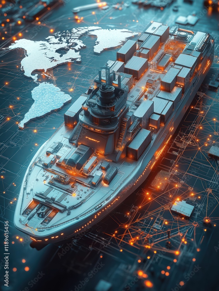 Poster futuristic digital container ship on global network map. advanced tech design integrated into global