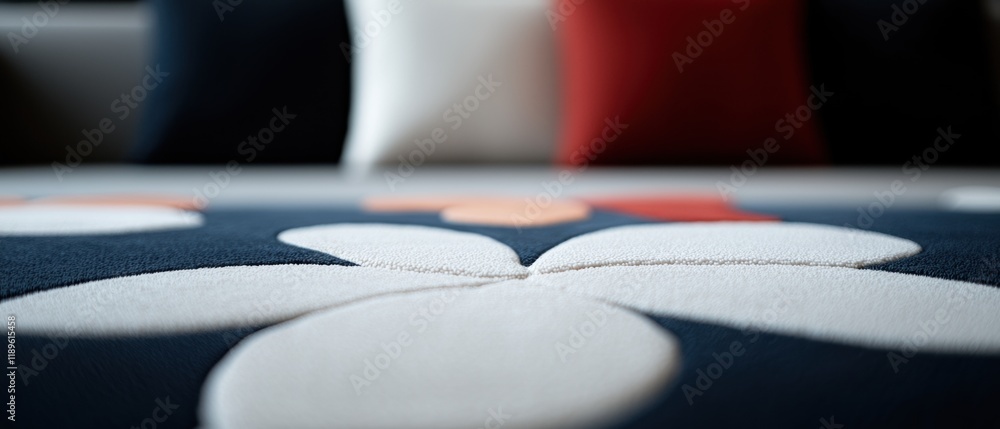 Poster close-up of a blue fabric with a white flower design on it. the flower is in the center of the image