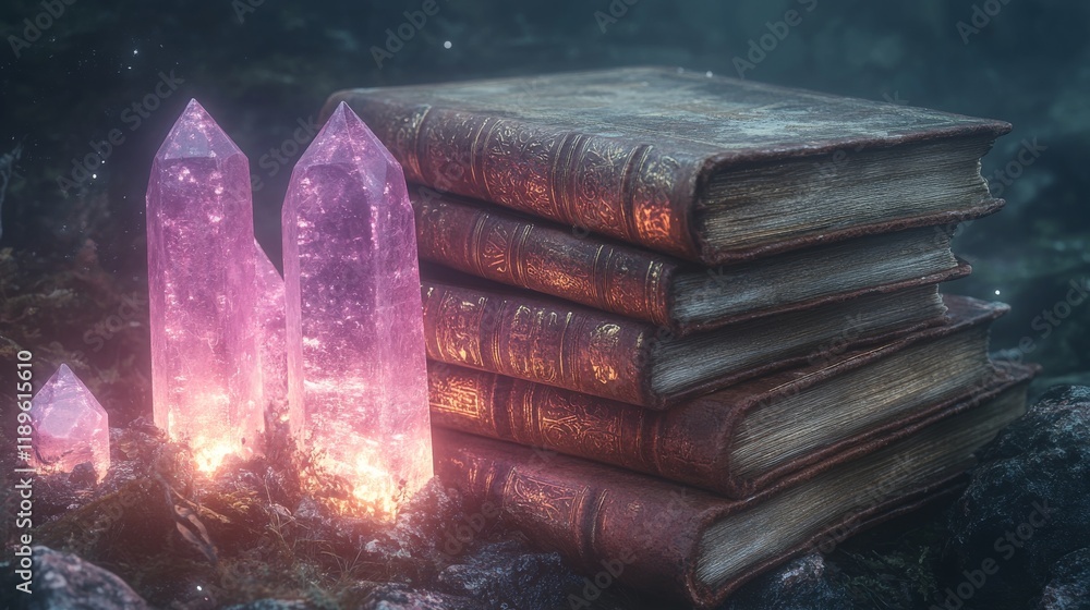 Poster magical crystals and ancient books create a mystical atmosphere in a serene forest setting