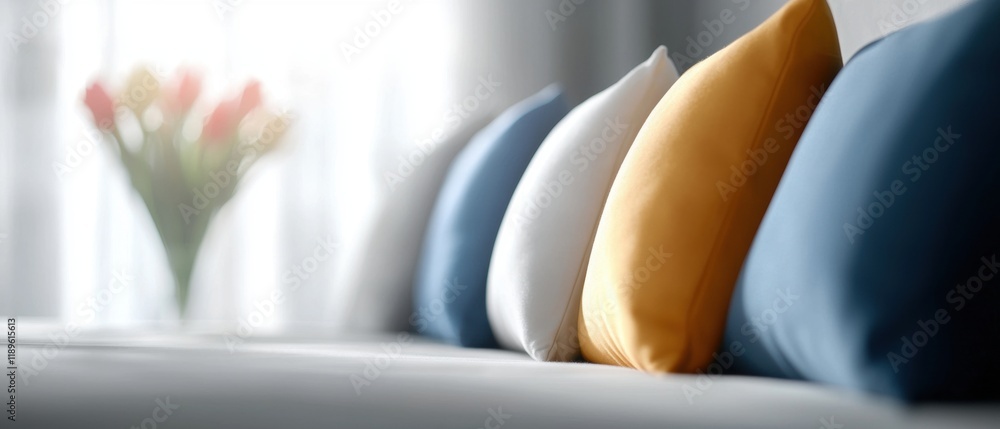 Poster row of colorful pillows on a white couch. the pillows are arranged in a way that they are overlappin