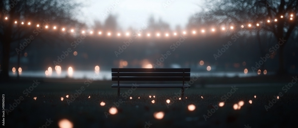 Poster park bench in the middle of a grassy field. the bench is empty and is facing towards the right side 