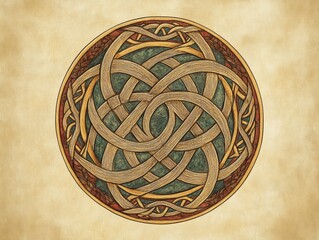 Intricate Celtic knot design featuring interwoven patterns on a textured background