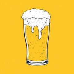 Cartoon illustration of frothy beer glass. Amber colored beer shown with lot of foam. Simple graphic design evokes casual bar pub atmosphere. Image suitable for craft beer company restaurant. Design