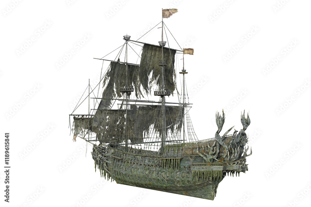 Poster old haunted ghost pirate ship with torn sails. isolated 3d rendered illustration.