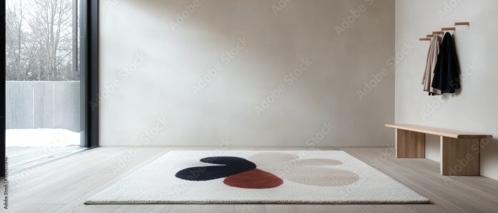 Poster modern and minimalist interior space with a large window on the left side. the window has a sliding 