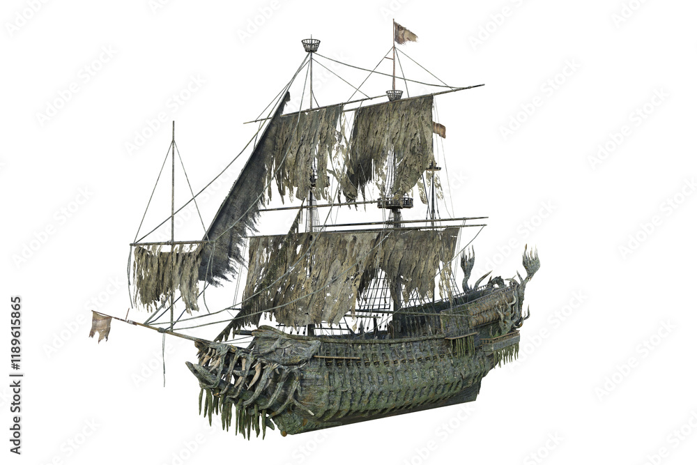 Poster old haunted ghost pirate ship with torn sails. isolated 3d render.