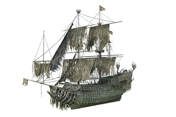 Old haunted ghost pirate ship with torn sails. Isolated 3D render.