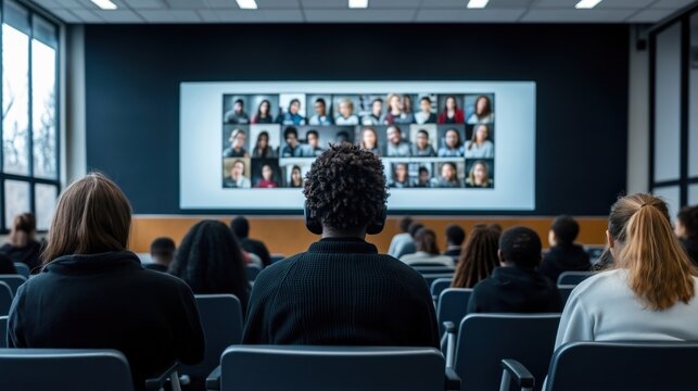 Students attend hybrid classroom session. In-person students sit in lecture hall others join virtually via large screen. Blended learning environment shown. Large space for text available in center.