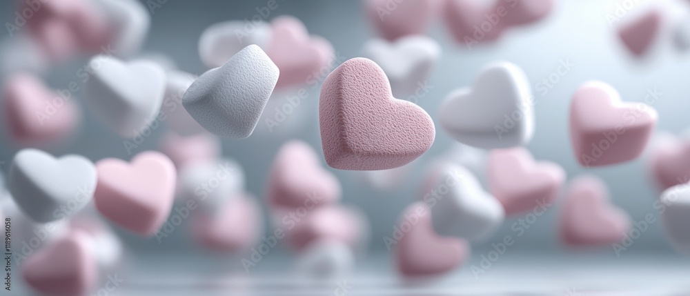 Poster close-up of a group of small, pink and white hearts floating in the air. the hearts are of different