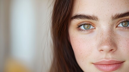 Fototapeta premium Close-up portrait of a young caucasian female with freckles and green eyes