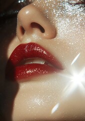 Fototapeta premium Close-up of a woman's face, with her lips slightly parted. the lips are painted with a bold red lipstick, and the skin around her face is covered in a shimmery, glittery substance.