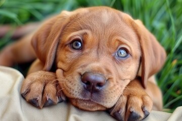 A brown dog with blue eyes is laying on a blanket