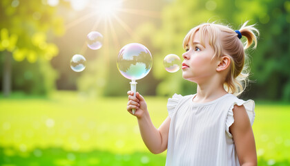 Playful child blowing iridescent bubbles in lush greenery, joyfulness