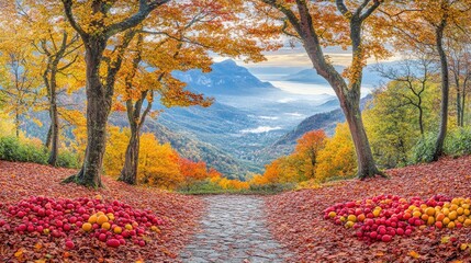 Naklejka premium Autumnal path, mountain valley vista, colorful foliage, misty sunrise