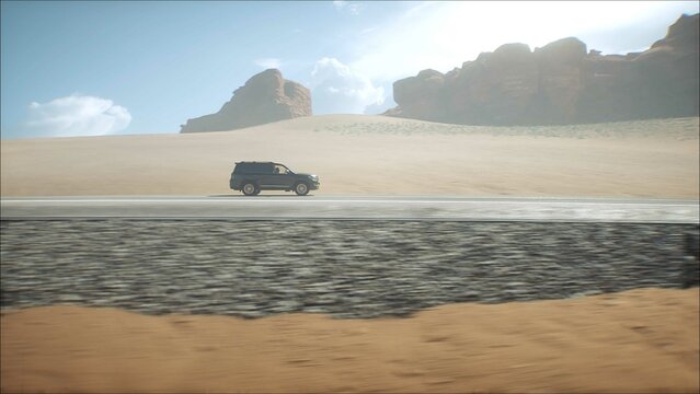 3d model luxury black car on desert highway. Very fast driving. 3d rendering.