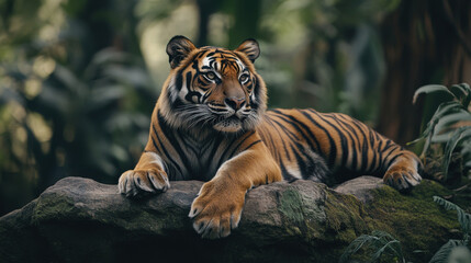 A Sumatran tiger with a regal posture, lying on a rock, gazing into the distance while its fur gleams in the soft light of the rainforest 