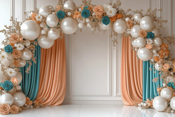 Digital party backdrop with balloon arch, floral arch, wedding backdrop, party background, balloons, drapery, dried flowers, Boho, composite backdrop 