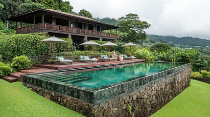 Naklejka premium Luxurious Tropical Villa with Infinity Pool Overlooking Lush Hillside - A Dream Getaway.