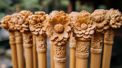 Handcrafted wooden sticks with intricate floral designs showcase traditional artistry and craftsmanship skills
