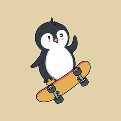 Penguin flying with skateboard cute illustration 
