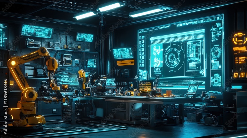 Poster inside a modern ai-powered repair shop, robotic tools assist technicians in performing various tasks