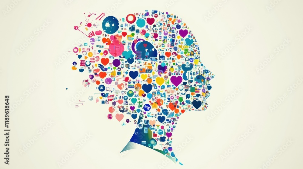 Aufkleber colorful expression of a human face created with diverse icons representing thoughts and emotions. g