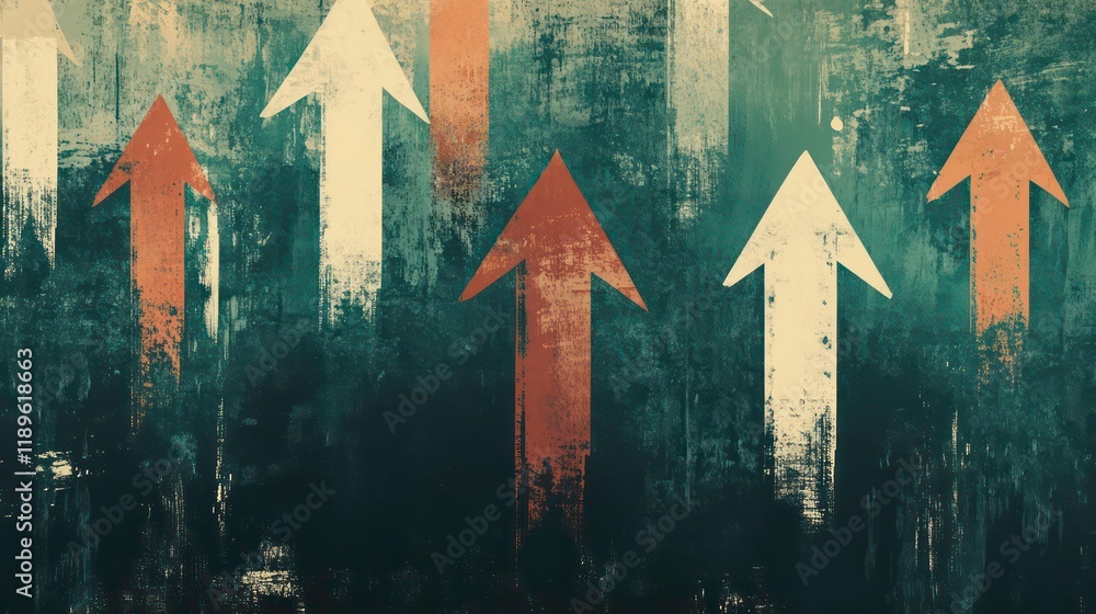 Poster Abstract grunge background with upward pointing arrows in red and white.