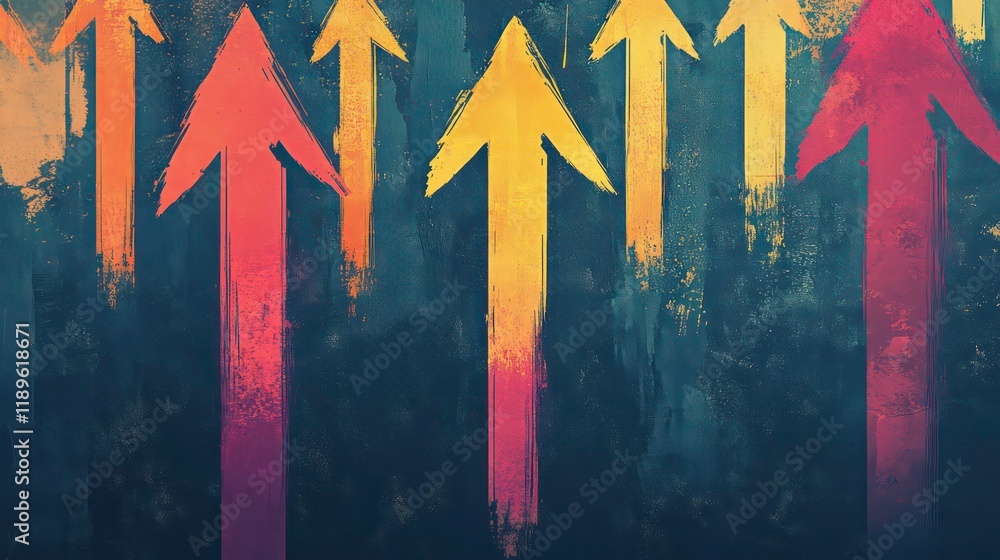 Aufkleber abstract art of upward pointing arrows in vibrant colors on a textured background, symbolizing growt