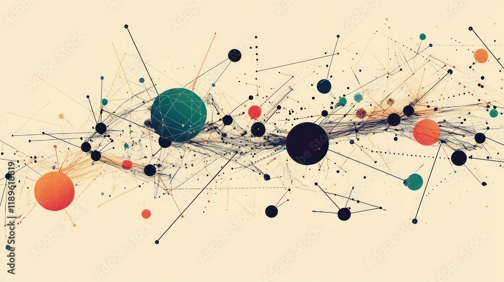 Poster Abstract network visualization with interconnected nodes and lines, representing data flow or connections.