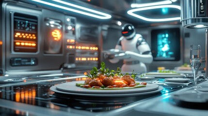 This advanced robotic chef expertly prepares gourmet meals in a high-tech culinary kitchen