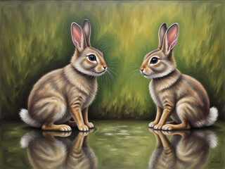 Fototapeta premium A detailed and realistic painting of two rabbits sitting side by side, reflecting on a calm, tranquil surface with a soft green background.