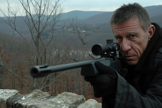 A man is holding a rifle and looking through a scope