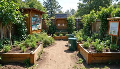 community garden with raised wooden beds, compost bins, and educational signage in a green space