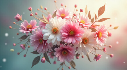 Delicate Pink and White Flowers. A beautiful bouquet of pink and white daisies with delicate petals and soft lighting creates a serene and romantic atmosphere.