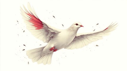 Fototapeta premium White dove soaring, red-tipped wings, leaf-filled sky, peace symbol