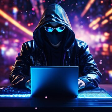 hacker man in a black and white laptop to steal cyber attack. concept of security the night