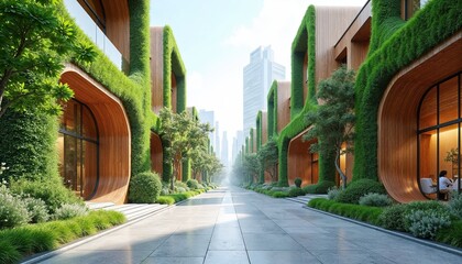 Obraz premium futuristic solarpunk street with sustainable architecture and lush green facades