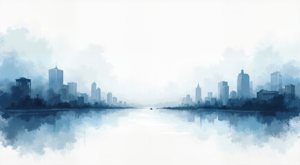 Abstract watercolor cityscape. Modern metropolis silhouette reflected in calm water.